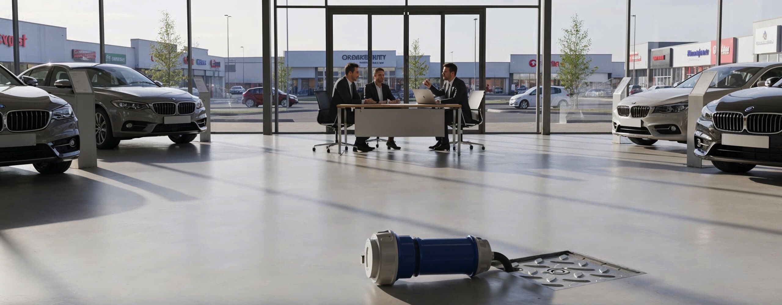 Flybox unit installed in a car showroom floor